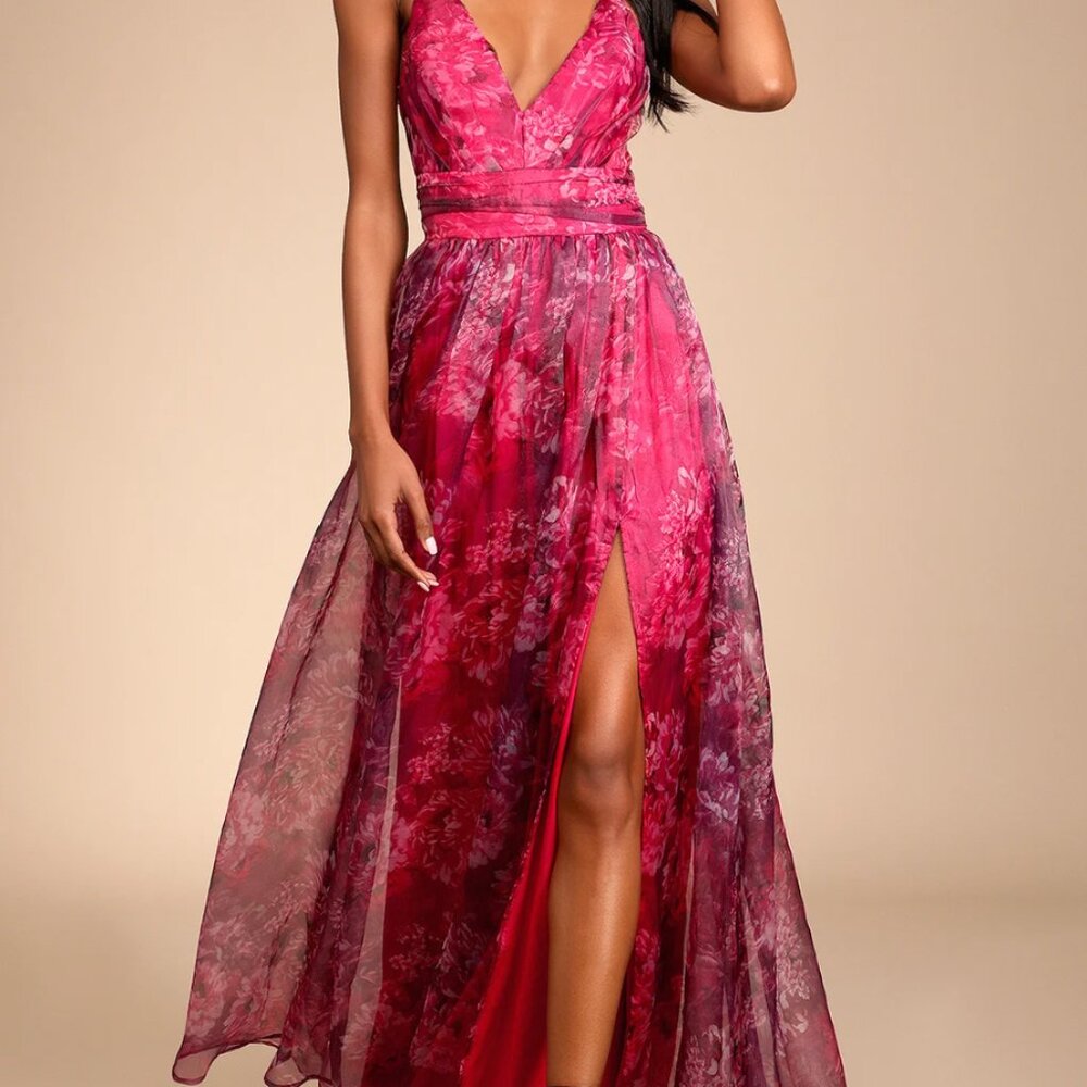 Lulus | Romance That Wows Magenta Floral Print Organza Maxi Dress